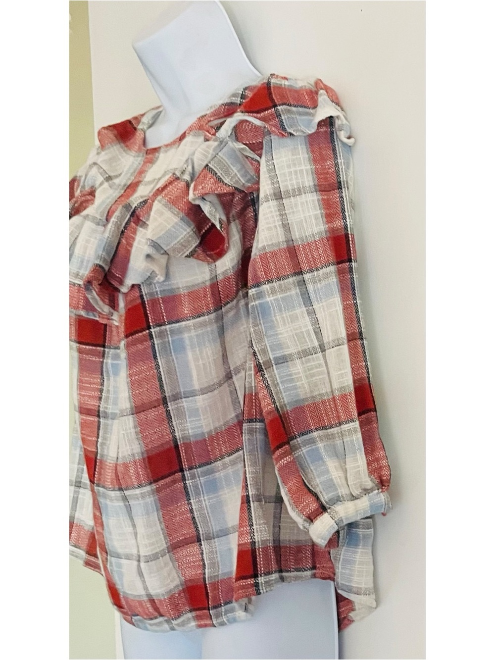 Doe & Rae Cold Shoulder Plaid Ruffle Flannel Top - Picture 3 of 11